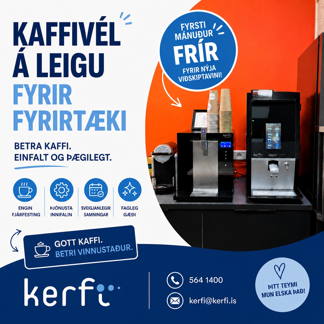 Kaffivélar – “Gott kaffi. Betri vinnustaður."
☕ Gott kaffi breytir vinnudeginum.
Með kaffivél frá Kerfi fær fyrirtækið þitt gæða kaffi án vesens 🙌
✨ Þjónusta innifalin
📅 Sveigjanlegir samningar
💼 Lausnir fyrir öll fyrirtæki
💙 Starfsfólkið mun elska það
Og auðvitað… fyrsti mánuðurinn er FRÍR fyrir nýja viðskiptavini 🔥
☕💧 Kaffi- og vatnsvélar fyrir allar stærðir fyrirtækja 💼✨
🎉 Frír prufumánuður fyrir nýja viðskiptavini! 🆓🔥
📢 Fáðu tilboð fyrir þitt fyrirtæki! 💰💡
📞 Hafðu samband – Komdu í Kerfi 🚀✅
#Kaffivél #BetraKaffi #Vinnustaður #Kerfi #KomduÍKerfi
