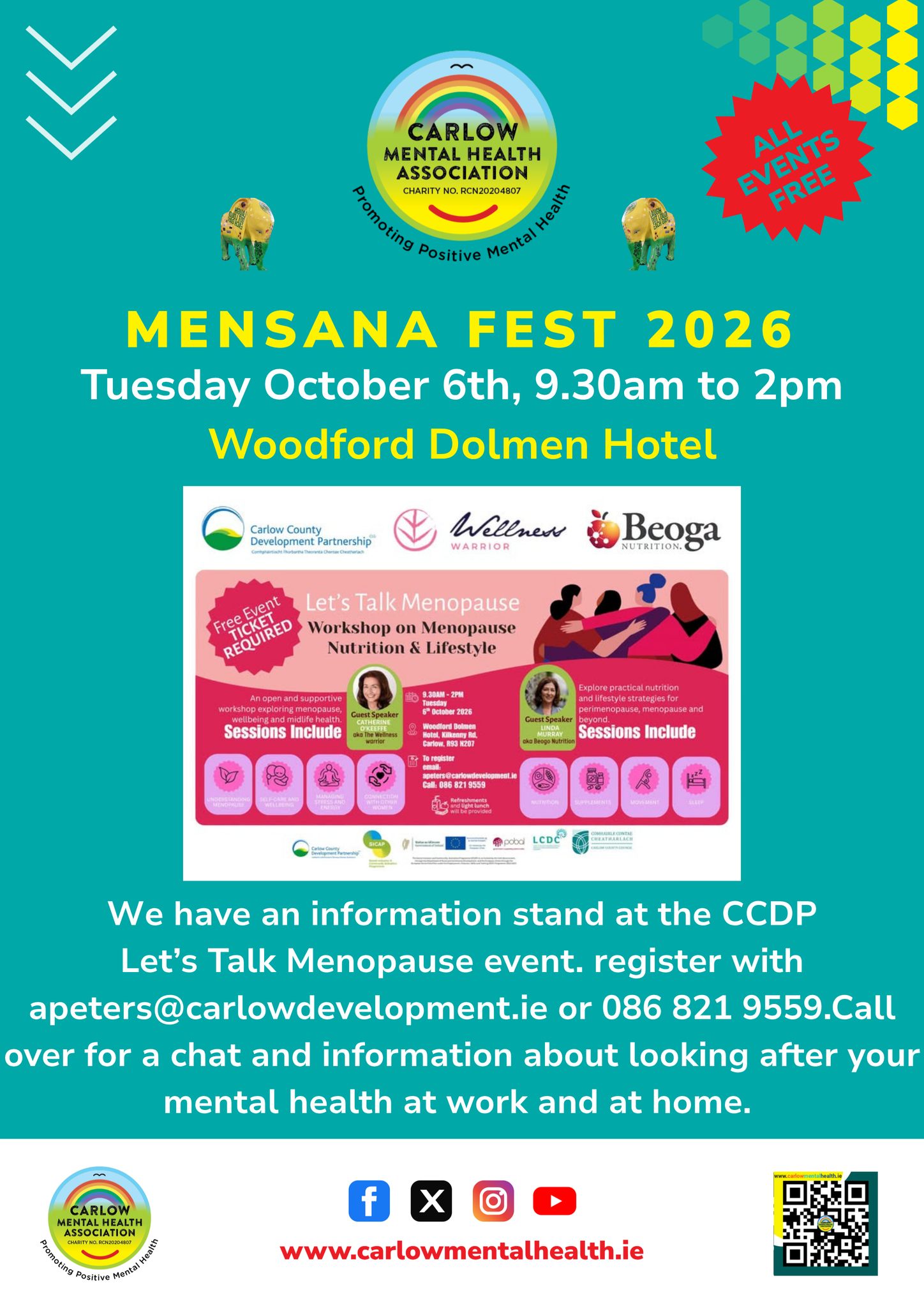 We are looking forward to being present at the CCDP event Let's Talk Menopause in the Dolmen Hotel. Make sure to register with apeters@carlowdevelopment.ie or call 086 821 9559 to book your place at this event. #mensana2026 #mentalhealthmatters #carlowmentalhealthassociation #carlowmentalhealth #cmha #carlowdevelopmentpartnership