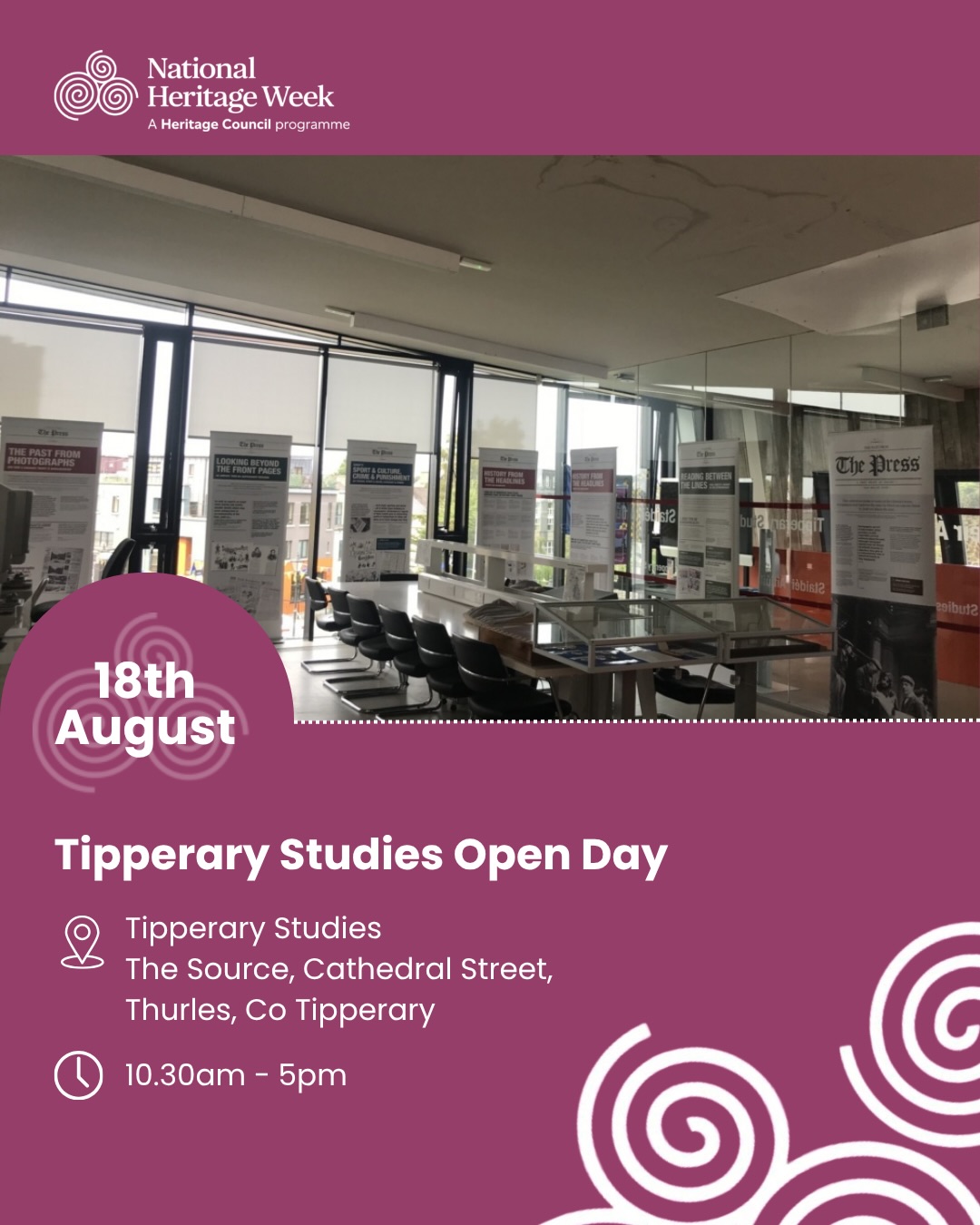 Heritage Week 2026 | Thurles
A fantastic line-up of talks, tours & family fun celebrating our local history. Here’s what’s on:
📅 15 Aug | 10:30am-3:30pm
Tipperary Heritage & Biodiversity Conference
Theme ‘Heritage at Risk’ w/ Roisín Burke, Caimin O’Brien & Breeding Waders EIP. Keynote: John Creedon. Lunch provided.
📅 15-23 Aug | 2:30-3:30pm daily
Holycross Abbey Free Tours
No booking, just show up!
📅 18 Aug | 10:30am-5pm
Tipperary Studies Open Day
Tour the archives & see digitisation in action.
📅 18 Aug | 6:30-7:30pm
Our Human Library
“Borrow” a person & hear their story.
📅 18 Aug | 7-8pm
Heritage At Risk – PARISH Project
Preserving church memorial inscriptions.
📅 18 Aug | 7:30-8:30pm
Monastic Evangelisation in the Irish Church
With Monsignor Ciarán O’Carroll.
📅 19 Aug | 10am-1pm
Slate Engraving Workshop
With sculptor Philip Quinn. Adults only, booking essential!
📅 20 Aug | 8-10pm
“Slow Journeys” – Pilgrim Walking
Ireland & Spain pilgrim paths. Free.
📅 21 Aug | 11am-1pm
Water Heritage Day
Explore life beneath the water + guided wetlands walk. Free.
📅 22 Aug | 11am-4pm
The Big Dig & Wild Child Day
Viking excavation, bread making, bug hunts & crafts!
📅 22nd Aug | 2.00pm - 3.30pm – weather dependent
Midnight Shootings 1921 Walking Tour
90-min walk on Thurles’ hidden history. Contact Paddy: 086 088 2029.
A brilliant week to explore the stories & people shaping our heritage 💚