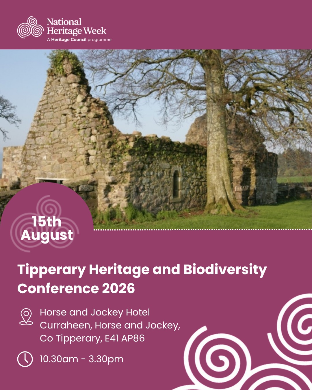 Heritage Week 2026 | Thurles
A fantastic line-up of talks, tours & family fun celebrating our local history. Here’s what’s on:
📅 15 Aug | 10:30am-3:30pm
Tipperary Heritage & Biodiversity Conference
Theme ‘Heritage at Risk’ w/ Roisín Burke, Caimin O’Brien & Breeding Waders EIP. Keynote: John Creedon. Lunch provided.
📅 15-23 Aug | 2:30-3:30pm daily
Holycross Abbey Free Tours
No booking, just show up!
📅 18 Aug | 10:30am-5pm
Tipperary Studies Open Day
Tour the archives & see digitisation in action.
📅 18 Aug | 6:30-7:30pm
Our Human Library
“Borrow” a person & hear their story.
📅 18 Aug | 7-8pm
Heritage At Risk – PARISH Project
Preserving church memorial inscriptions.
📅 18 Aug | 7:30-8:30pm
Monastic Evangelisation in the Irish Church
With Monsignor Ciarán O’Carroll.
📅 19 Aug | 10am-1pm
Slate Engraving Workshop
With sculptor Philip Quinn. Adults only, booking essential!
📅 20 Aug | 8-10pm
“Slow Journeys” – Pilgrim Walking
Ireland & Spain pilgrim paths. Free.
📅 21 Aug | 11am-1pm
Water Heritage Day
Explore life beneath the water + guided wetlands walk. Free.
📅 22 Aug | 11am-4pm
The Big Dig & Wild Child Day
Viking excavation, bread making, bug hunts & crafts!
📅 22nd Aug | 2.00pm - 3.30pm – weather dependent
Midnight Shootings 1921 Walking Tour
90-min walk on Thurles’ hidden history. Contact Paddy: 086 088 2029.
A brilliant week to explore the stories & people shaping our heritage 💚