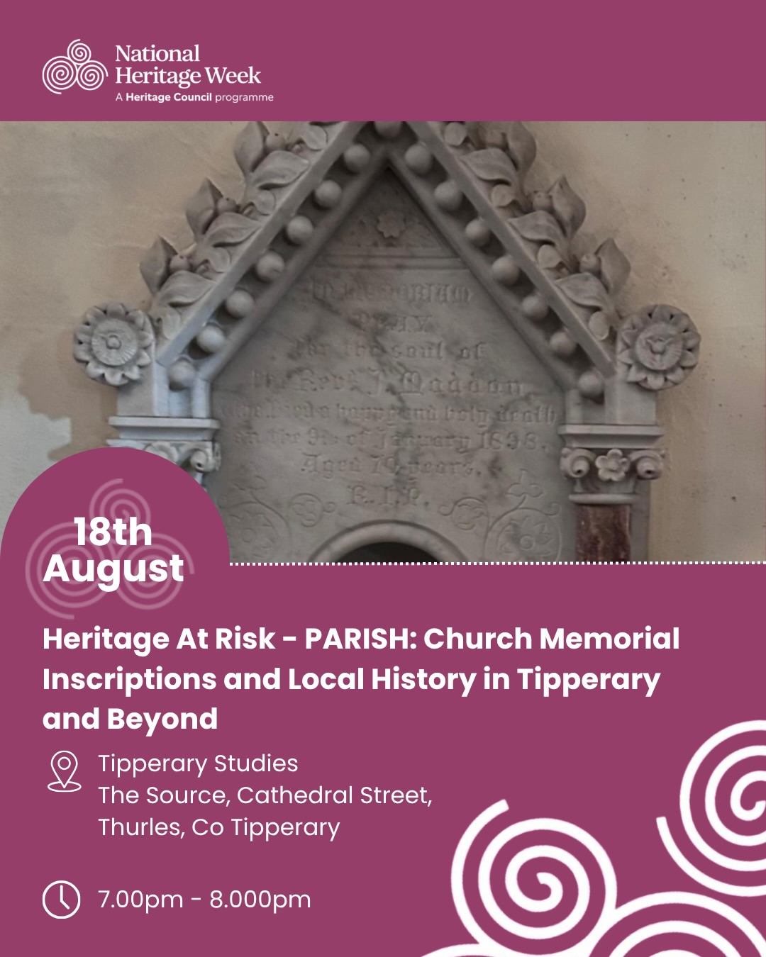 Heritage Week 2026 | Thurles
A fantastic line-up of talks, tours & family fun celebrating our local history. Here’s what’s on:
📅 15 Aug | 10:30am-3:30pm
Tipperary Heritage & Biodiversity Conference
Theme ‘Heritage at Risk’ w/ Roisín Burke, Caimin O’Brien & Breeding Waders EIP. Keynote: John Creedon. Lunch provided.
📅 15-23 Aug | 2:30-3:30pm daily
Holycross Abbey Free Tours
No booking, just show up!
📅 18 Aug | 10:30am-5pm
Tipperary Studies Open Day
Tour the archives & see digitisation in action.
📅 18 Aug | 6:30-7:30pm
Our Human Library
“Borrow” a person & hear their story.
📅 18 Aug | 7-8pm
Heritage At Risk – PARISH Project
Preserving church memorial inscriptions.
📅 18 Aug | 7:30-8:30pm
Monastic Evangelisation in the Irish Church
With Monsignor Ciarán O’Carroll.
📅 19 Aug | 10am-1pm
Slate Engraving Workshop
With sculptor Philip Quinn. Adults only, booking essential!
📅 20 Aug | 8-10pm
“Slow Journeys” – Pilgrim Walking
Ireland & Spain pilgrim paths. Free.
📅 21 Aug | 11am-1pm
Water Heritage Day
Explore life beneath the water + guided wetlands walk. Free.
📅 22 Aug | 11am-4pm
The Big Dig & Wild Child Day
Viking excavation, bread making, bug hunts & crafts!
📅 22nd Aug | 2.00pm - 3.30pm – weather dependent
Midnight Shootings 1921 Walking Tour
90-min walk on Thurles’ hidden history. Contact Paddy: 086 088 2029.
A brilliant week to explore the stories & people shaping our heritage 💚