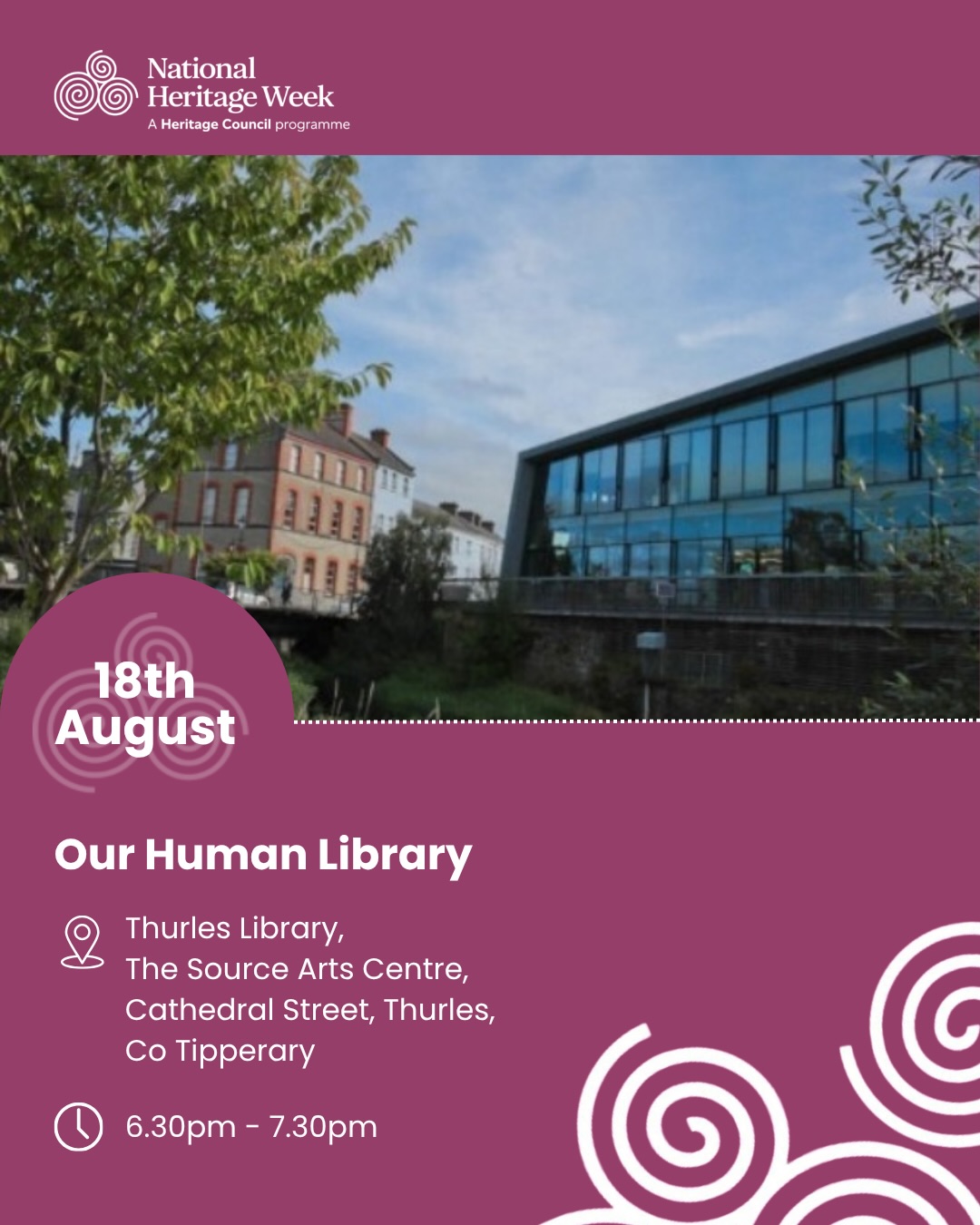 Heritage Week 2026 | Thurles
A fantastic line-up of talks, tours & family fun celebrating our local history. Here’s what’s on:
📅 15 Aug | 10:30am-3:30pm
Tipperary Heritage & Biodiversity Conference
Theme ‘Heritage at Risk’ w/ Roisín Burke, Caimin O’Brien & Breeding Waders EIP. Keynote: John Creedon. Lunch provided.
📅 15-23 Aug | 2:30-3:30pm daily
Holycross Abbey Free Tours
No booking, just show up!
📅 18 Aug | 10:30am-5pm
Tipperary Studies Open Day
Tour the archives & see digitisation in action.
📅 18 Aug | 6:30-7:30pm
Our Human Library
“Borrow” a person & hear their story.
📅 18 Aug | 7-8pm
Heritage At Risk – PARISH Project
Preserving church memorial inscriptions.
📅 18 Aug | 7:30-8:30pm
Monastic Evangelisation in the Irish Church
With Monsignor Ciarán O’Carroll.
📅 19 Aug | 10am-1pm
Slate Engraving Workshop
With sculptor Philip Quinn. Adults only, booking essential!
📅 20 Aug | 8-10pm
“Slow Journeys” – Pilgrim Walking
Ireland & Spain pilgrim paths. Free.
📅 21 Aug | 11am-1pm
Water Heritage Day
Explore life beneath the water + guided wetlands walk. Free.
📅 22 Aug | 11am-4pm
The Big Dig & Wild Child Day
Viking excavation, bread making, bug hunts & crafts!
📅 22nd Aug | 2.00pm - 3.30pm – weather dependent
Midnight Shootings 1921 Walking Tour
90-min walk on Thurles’ hidden history. Contact Paddy: 086 088 2029.
A brilliant week to explore the stories & people shaping our heritage 💚