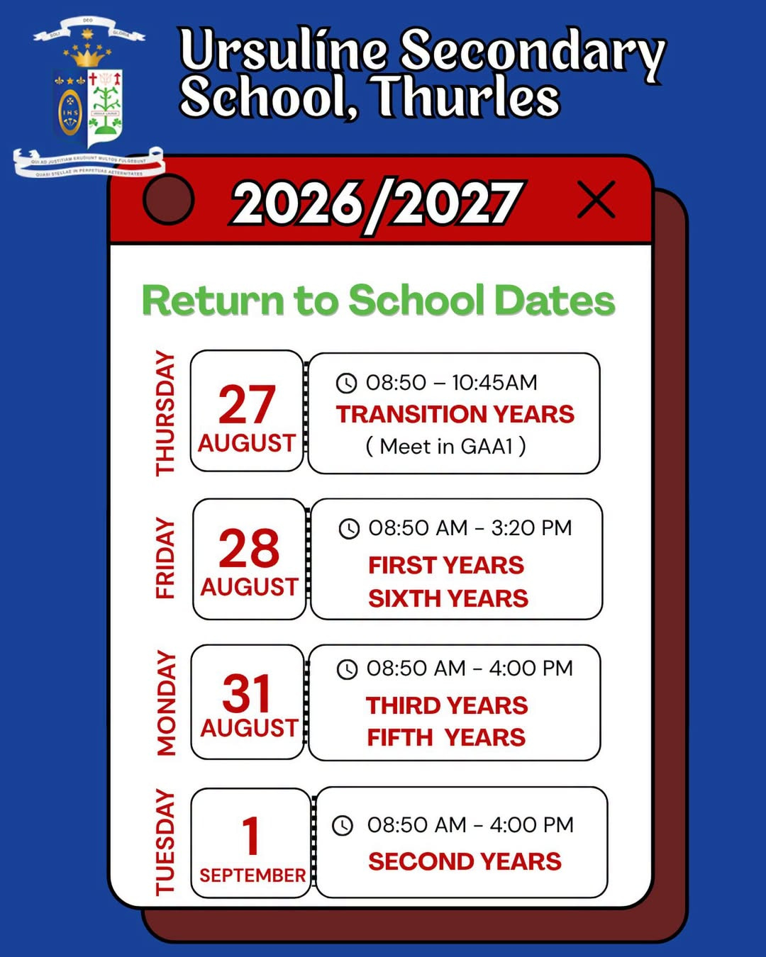 Back to School 2026! 🎒
The summer holidays are nearing an end and its not long until students across Thurles are getting ready to head back to school! ✏️
Swipe through the carousel for the 2026 return-to-school dates for secondary schools in the Thurles and make sure you have the dates marked in your calendar. 📅
Wishing all students, teachers and school staff a fantastic start to the new school year! 🍎✨