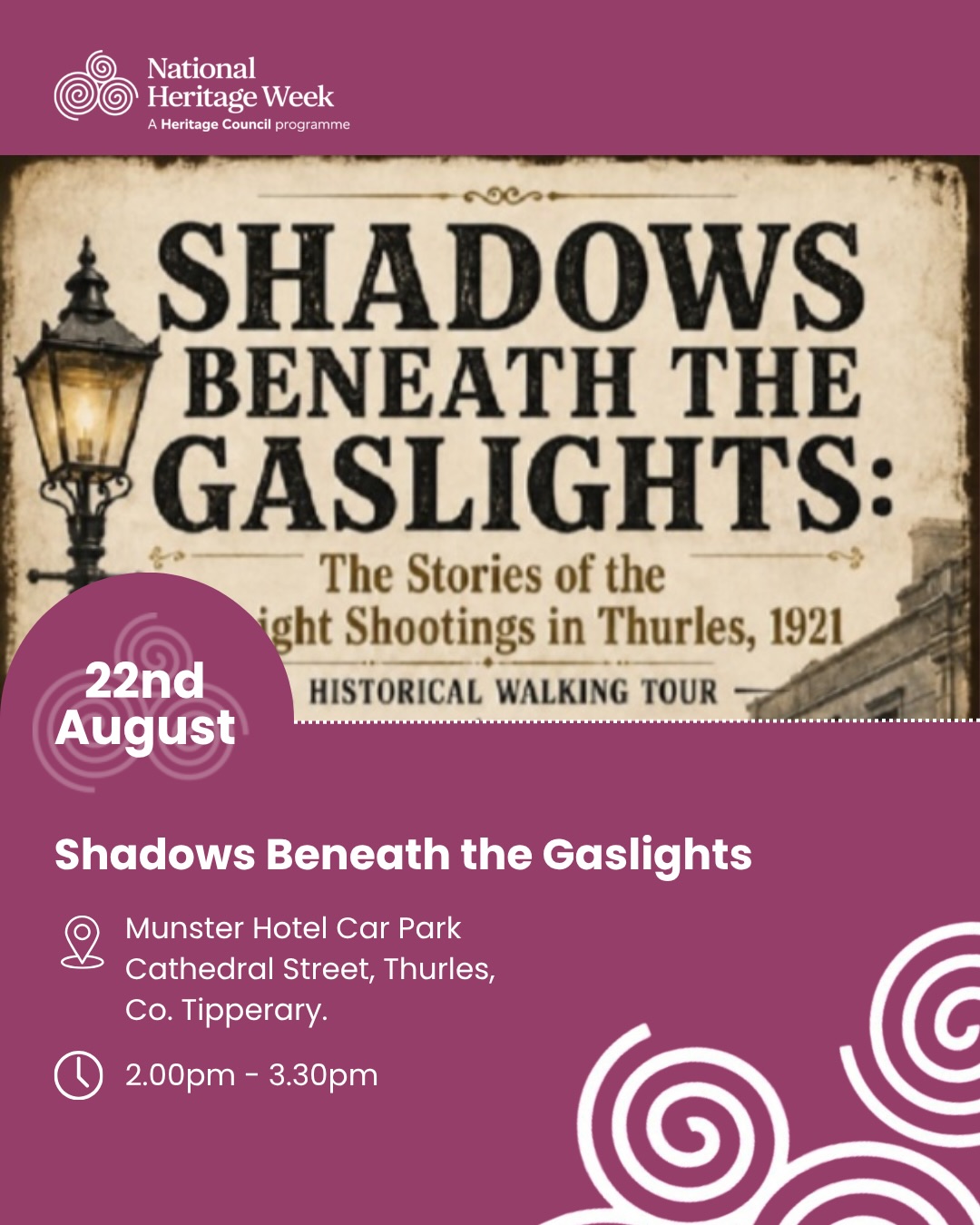 Heritage Week 2026 | Thurles
A fantastic line-up of talks, tours & family fun celebrating our local history. Here’s what’s on:
📅 15 Aug | 10:30am-3:30pm
Tipperary Heritage & Biodiversity Conference
Theme ‘Heritage at Risk’ w/ Roisín Burke, Caimin O’Brien & Breeding Waders EIP. Keynote: John Creedon. Lunch provided.
📅 15-23 Aug | 2:30-3:30pm daily
Holycross Abbey Free Tours
No booking, just show up!
📅 18 Aug | 10:30am-5pm
Tipperary Studies Open Day
Tour the archives & see digitisation in action.
📅 18 Aug | 6:30-7:30pm
Our Human Library
“Borrow” a person & hear their story.
📅 18 Aug | 7-8pm
Heritage At Risk – PARISH Project
Preserving church memorial inscriptions.
📅 18 Aug | 7:30-8:30pm
Monastic Evangelisation in the Irish Church
With Monsignor Ciarán O’Carroll.
📅 19 Aug | 10am-1pm
Slate Engraving Workshop
With sculptor Philip Quinn. Adults only, booking essential!
📅 20 Aug | 8-10pm
“Slow Journeys” – Pilgrim Walking
Ireland & Spain pilgrim paths. Free.
📅 21 Aug | 11am-1pm
Water Heritage Day
Explore life beneath the water + guided wetlands walk. Free.
📅 22 Aug | 11am-4pm
The Big Dig & Wild Child Day
Viking excavation, bread making, bug hunts & crafts!
📅 22nd Aug | 2.00pm - 3.30pm – weather dependent
Midnight Shootings 1921 Walking Tour
90-min walk on Thurles’ hidden history. Contact Paddy: 086 088 2029.
A brilliant week to explore the stories & people shaping our heritage 💚